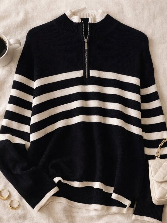 For The Republic Sweaters - Striped Knit Sweater Black White Quarter Zip Minimalist Chic L